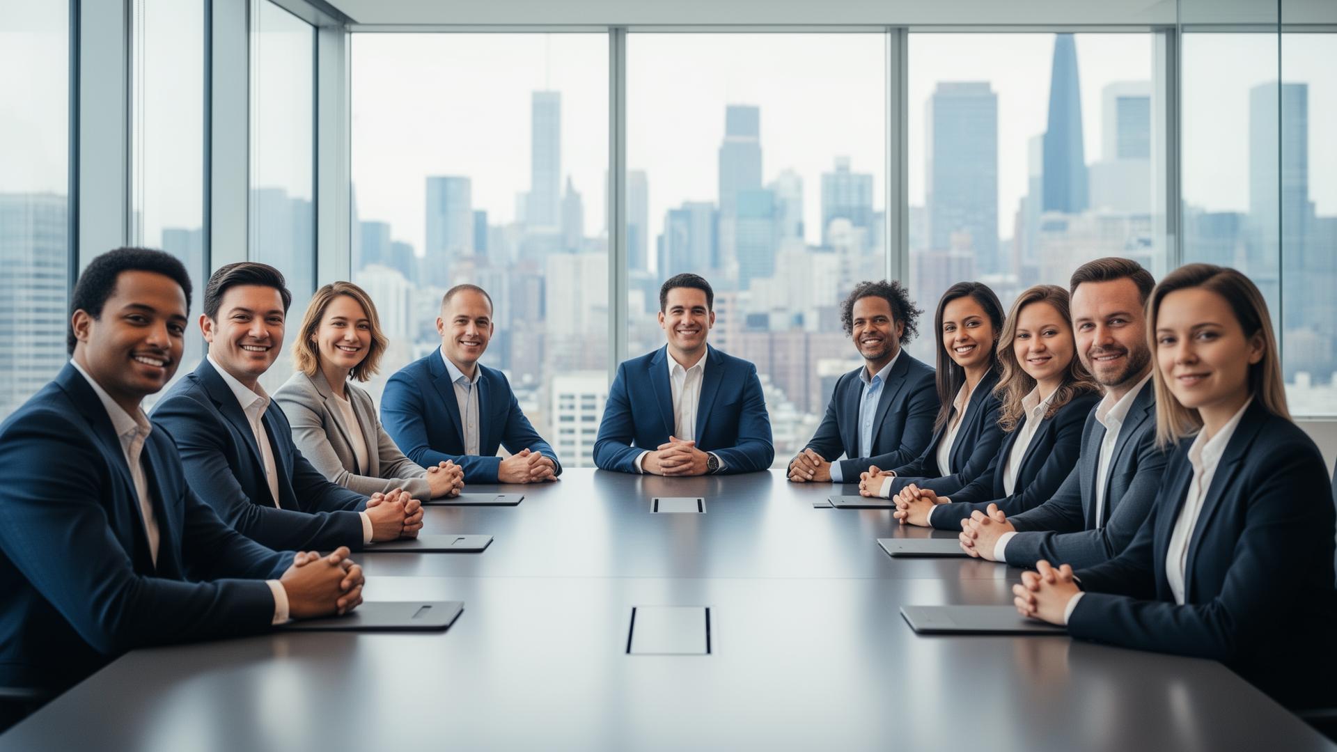 Immigrant entrepreneurs from around the world standing together beneath a beacon of light